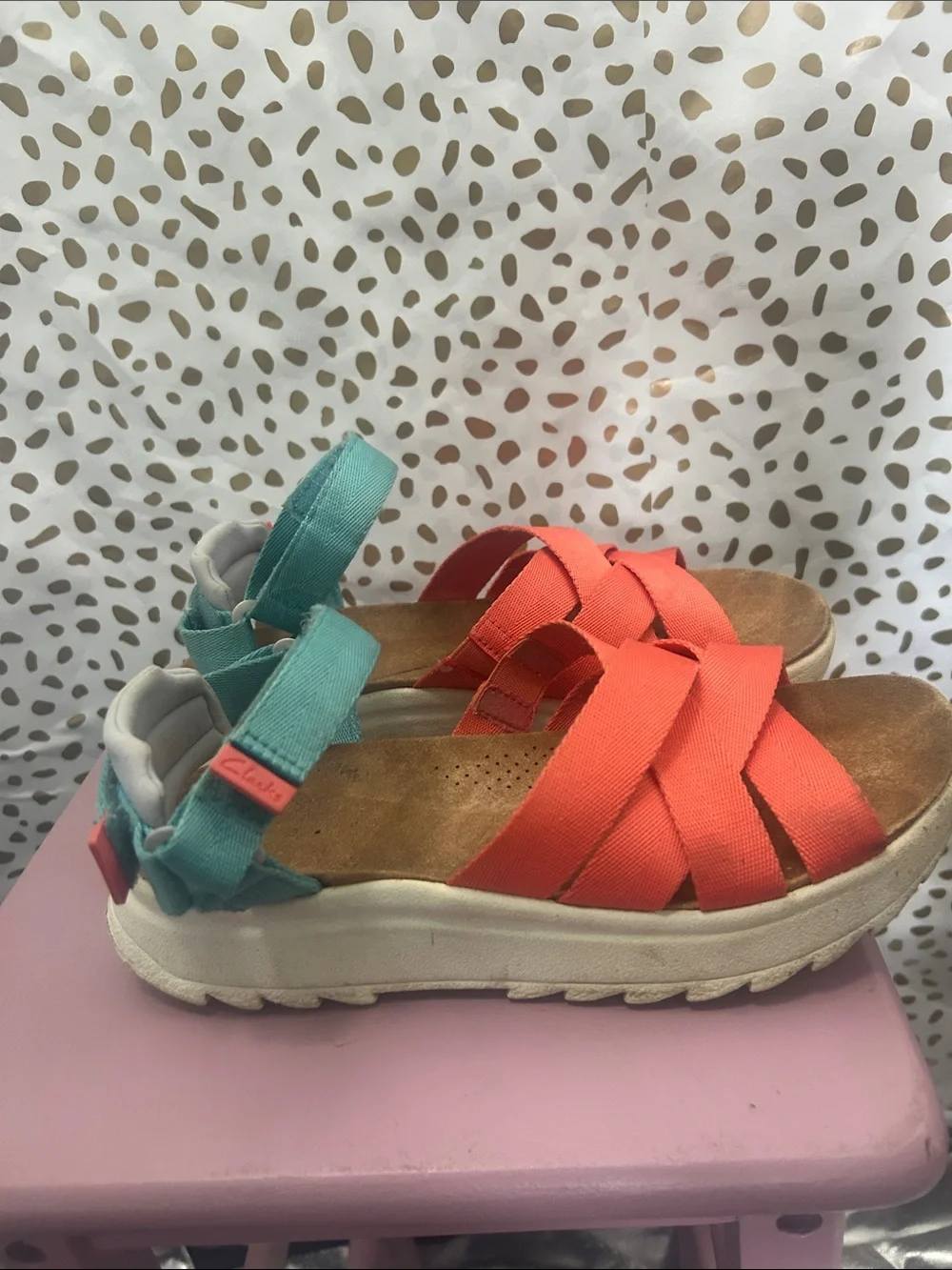 Clarks Coral and Teal Cross-Strap Sandals